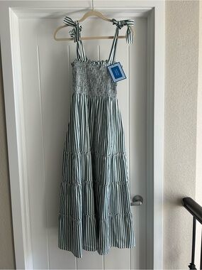 Maxwell and Geraldine The Brooke Green Stripe Tie-Shoulder Midi Dress